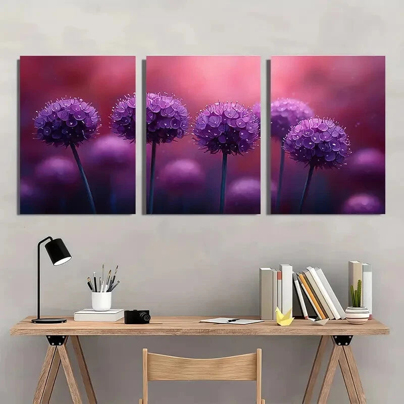 3pcs Vibrant Purple Allium Flower Decor Metal Print Ready to Hang Art - Bella Home Decor