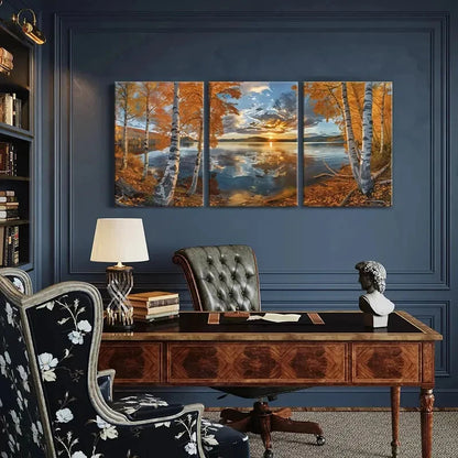 3pcs Sunset Birch Trees Lake Reflection Metal Print Ready to Hang Art - Bella Home Decor