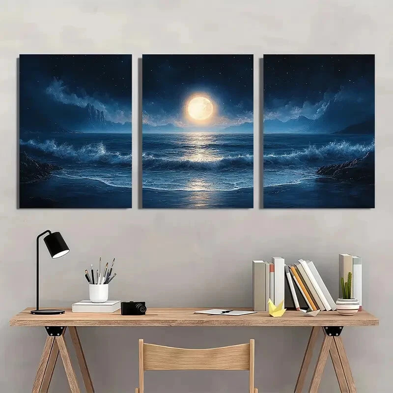 3pcs Moonlit Ocean Seascape Midnight Beach Scene Metal Print Ready to Hang Art - Bella Home Decor