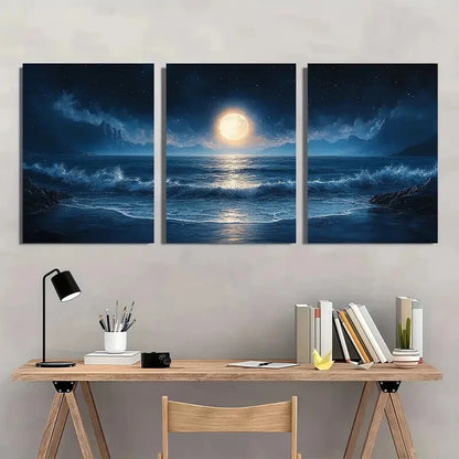 3pcs Moonlit Ocean Seascape Midnight Beach Scene Metal Print Ready to Hang Art - Bella Home Decor