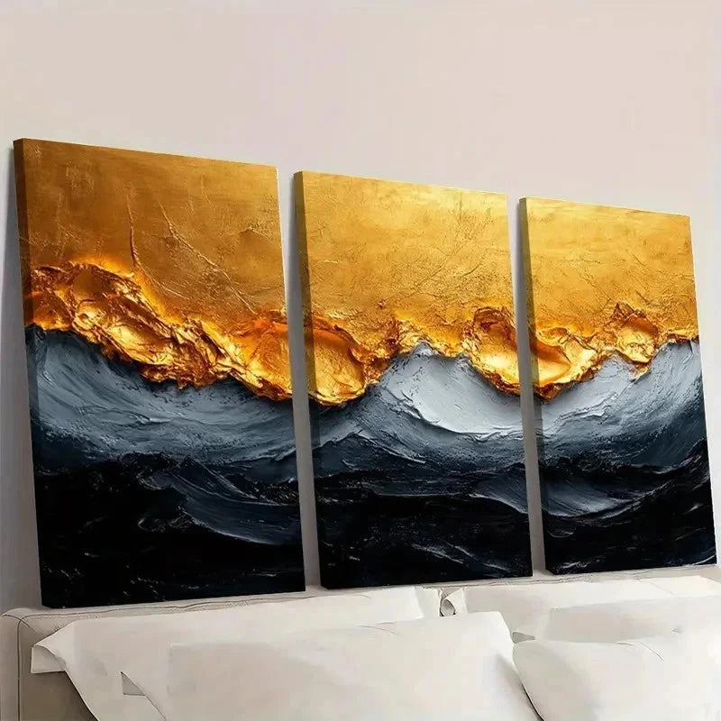 3pcs Black & White Golden Texture GO  Wall Art Set Canvas Framed 50x70cm - High Quality Print 100% Australian Made Wall Canvas Ready to Hang - Bella Home Decor