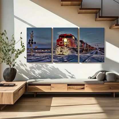 3pcs Steam Train with Snowy Landscape Wall Art Set Canvas Framed 50x70cm - High Quality Print 100% Australian Made Wall Canvas Ready to Hang - Bella Home Decor