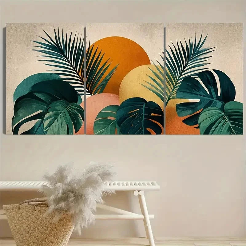 3pcs DustinWay Geometric Sun Jungle Palm Leafs Wall Art Set Canvas Framed 60x90cm - High Quality Print 100% Australian Made Wall Canvas Ready to Hang - Bella Home Decor