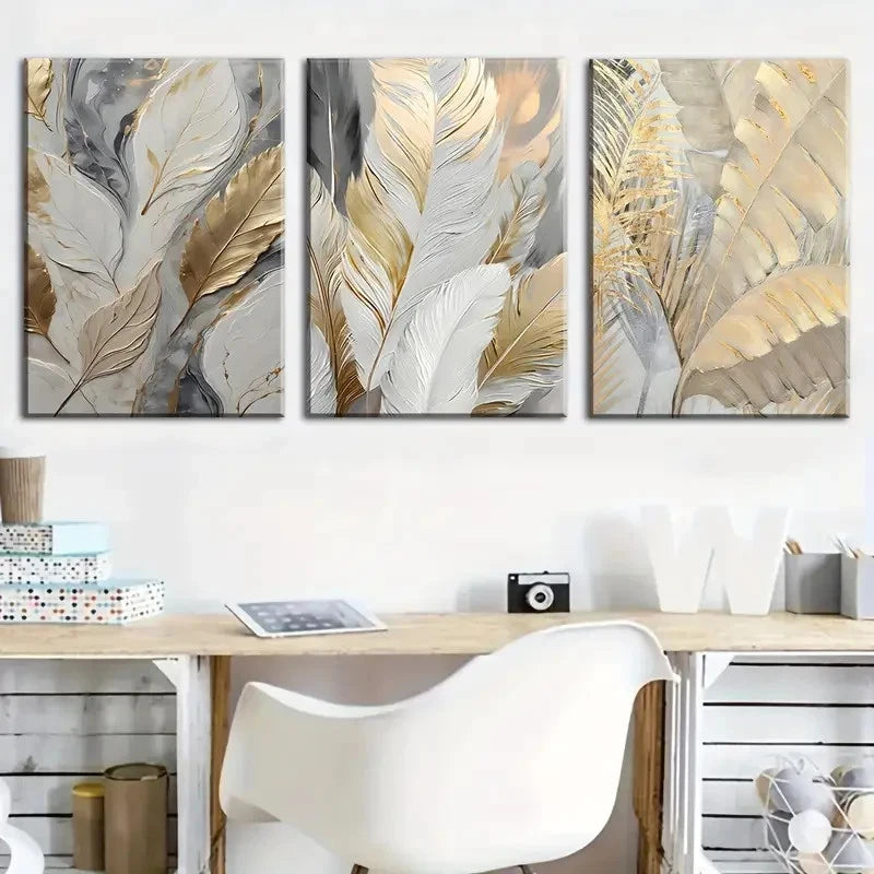 3pcs Golden Leaf Contemporary Style Metal Print Ready to Hang Art - Bella Home Decor