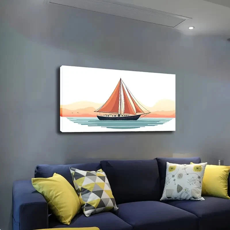 Red Sailboat Sailing Blue-Green Wall Art Canvas Office Home Room Framed 120x60cm - Bella Home Decor