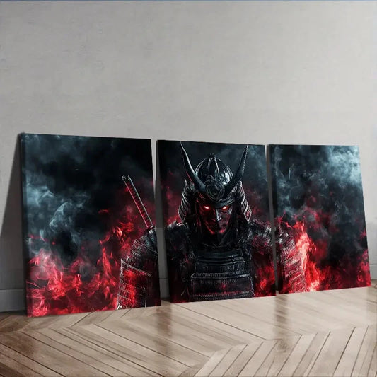 3pcs A crimson warrior with black horns Wall Art Set Canvas Framed 40x60cm - High Quality Print 100% Australian Made Wall Canvas Ready to Hang