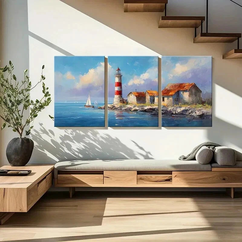 3pcs Lighthouse Coastal Scene Mediterranean Metal Print Ready to Hang Art - Bella Home Decor