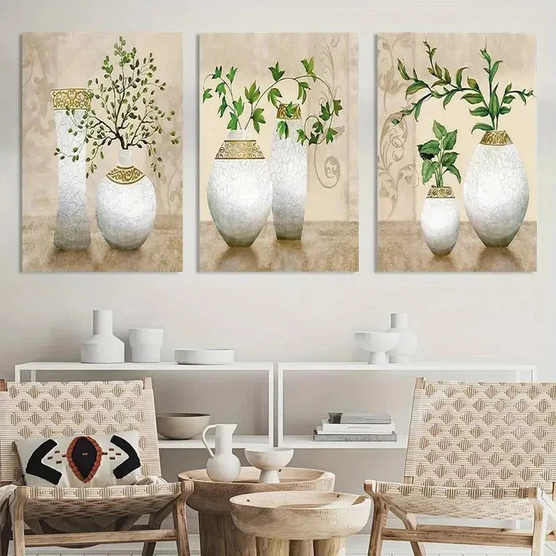 3pcs Floral Vase Designs in White & Golden Metal Print Ready to Hang Art - Bella Home Decor