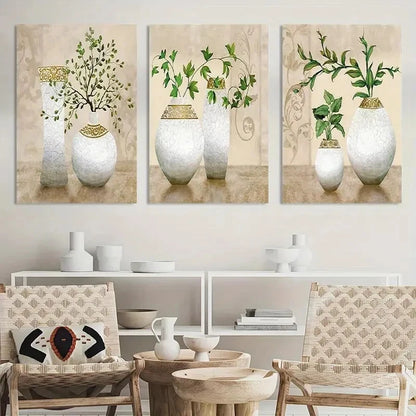 3pcs Floral Vase Designs in White & Golden Metal Print Ready to Hang Art - Bella Home Decor