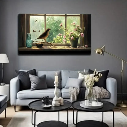 Serene Windowsill Bird Branch Wall Art Canvas Office Home Room Framed 120x60cm