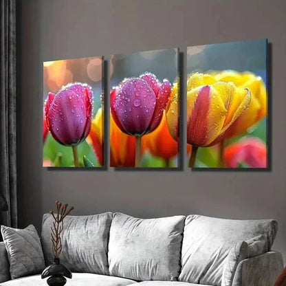 3pcs Tulips in the Rain Floral Themed Wall Art Canvas Unframed - High Quality Print 100% Australian Made Wall Canvas