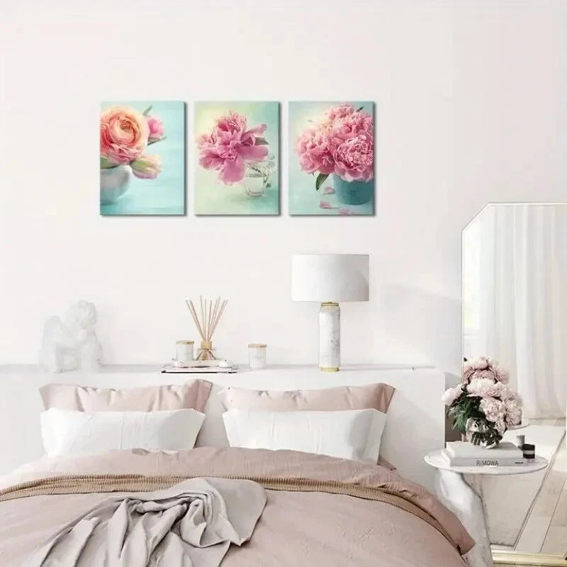 3pcs Vintage Peony Floral Teal and Pink Metal Print Ready to Hang Art - Bella Home Decor