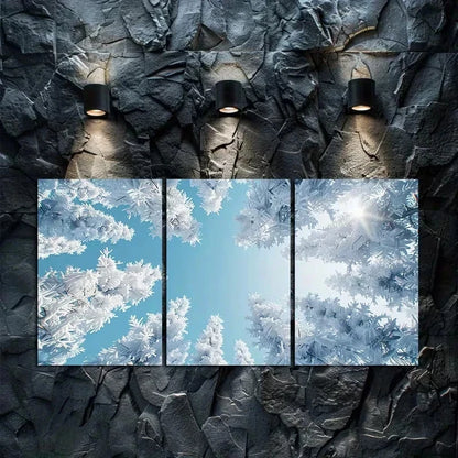 3pcs Snow-Covered Pine Trees & Skyscape Metal Print Ready to Hang Art
