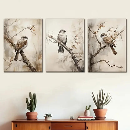 3pcs Realistic Bird Illustrations on Branches Metal Print Ready to Hang Art - Bella Home Decor
