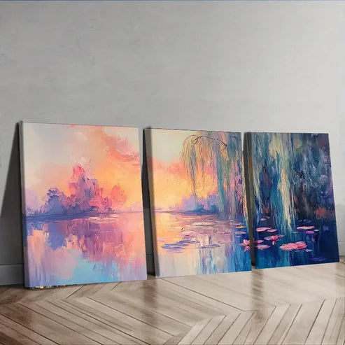 3pcs Oil Lilies in Water Painting Nature Perfec Wall Art Set Canvas Unframed - High Quality Print 100% Australian Made Wall Canvas
