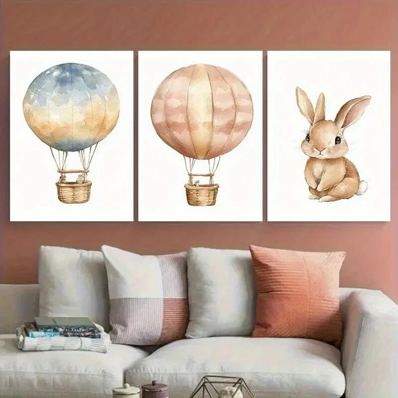 3pcs Cute Bunny Hot Air Balloon Nursery Design Metal Print Ready to Hang Art - Bella Home Decor