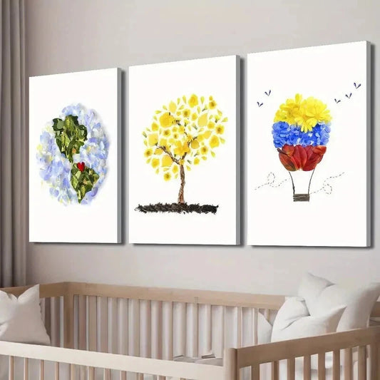 3pcs Floral Hot Air Balloon Colorful Leaf Flower Wall Art Set Canvas Framed 50x70cm - High Quality Print 100% Australian Made Wall Canvas Ready to Hang