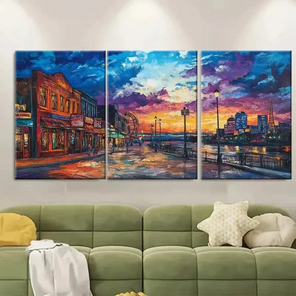 3pcs Memphis Sunset Nighttime Cityscape  Wall Art Set Canvas Unframed - High Quality Print 100% Australian Made Wall Canvas