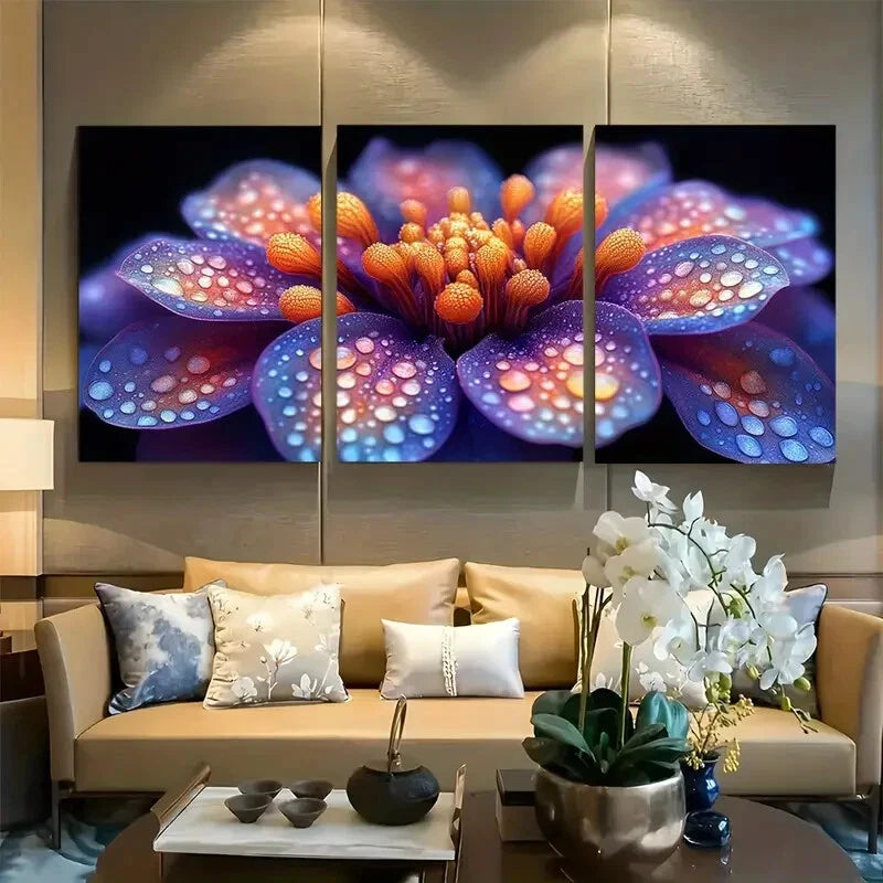 3pcs Vivid Purples and Oranges Flowers Design Metal Print Ready to Hang Art