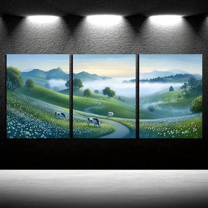3pcs Scenic Grassland with White Flowers Metal Print Ready to Hang Art