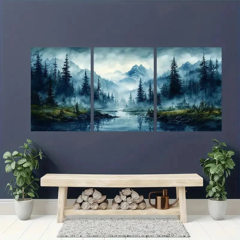 3pcs Abstract Ocean Wave Blue & Green Minimalist Metal Print Ready to Hang Art - Bella Home Decor