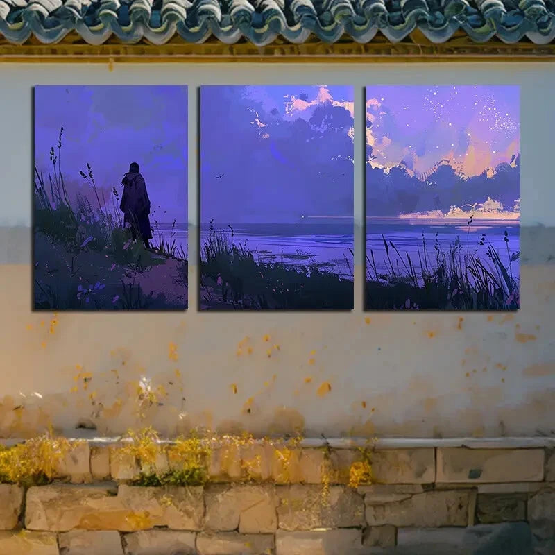 3pcs Vibrant Girl on The Beach Purple Illustration Metal Print Ready to Hang Art - Bella Home Decor