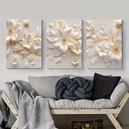 3pcs White Floral Paper Art with Golden  Wall Art Set Canvas Unframed - High Quality Print 100% Australian Made Wall Canvas