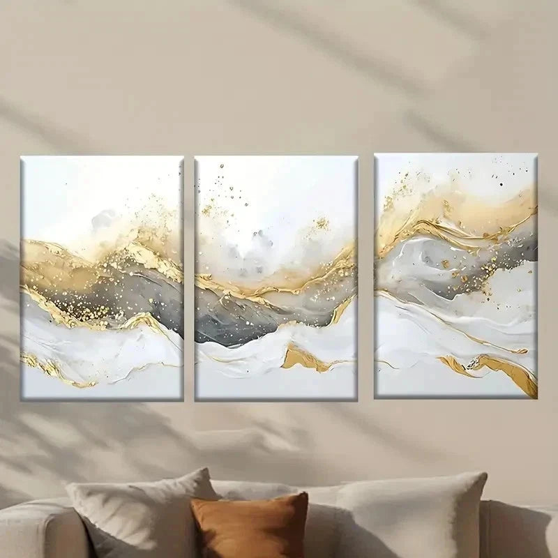 3pcs Golden & White Marble Design Wall Art Set Canvas Framed 40x60cm - High Quality Print 100% Australian Made Wall Canvas Ready to Hang - Bella Home Decor