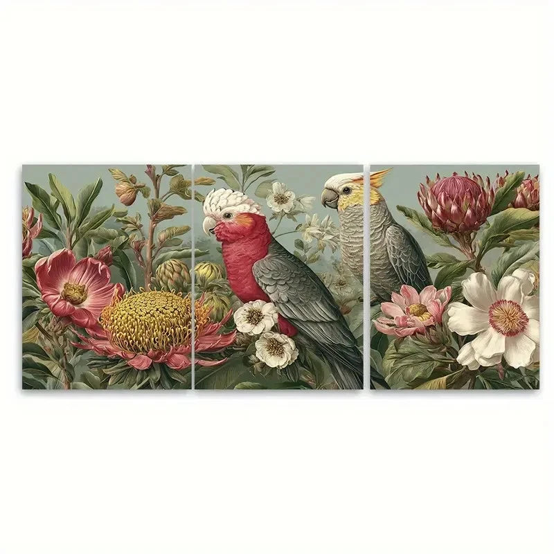3pcs Melbourne Travel Botanical and Bird Design Wall Art Set Canvas Framed 60x90cm - High Quality Print 100% Australian Made Wall Canvas Ready to Hang