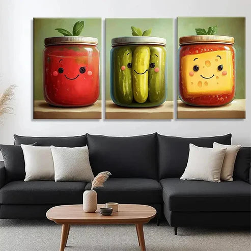 3pcs Cute Food Jar Playful Bright Perfect Wall Art Set Canvas Unframed - High Quality Print 100% Australian Made Wall Canvas - Bella Home Decor