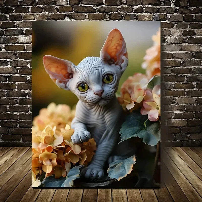 Adorable Sphynx Kitten with Flowers Painting 40x60cm Metal Print Ready to Hang - Bella Home Decor