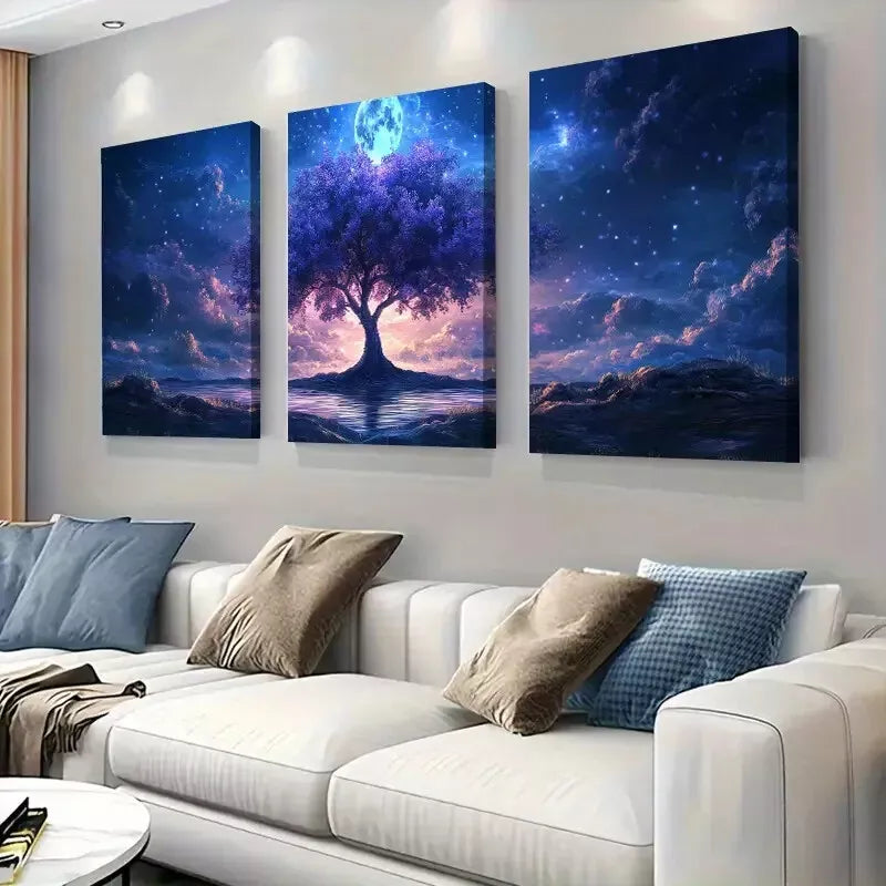 3pcs Magical Tree Moon and Starry Sky Art Set Canvas Framed 50x70cm - High Quality Print 100% Australian Made Wall Canvas Ready to Hang