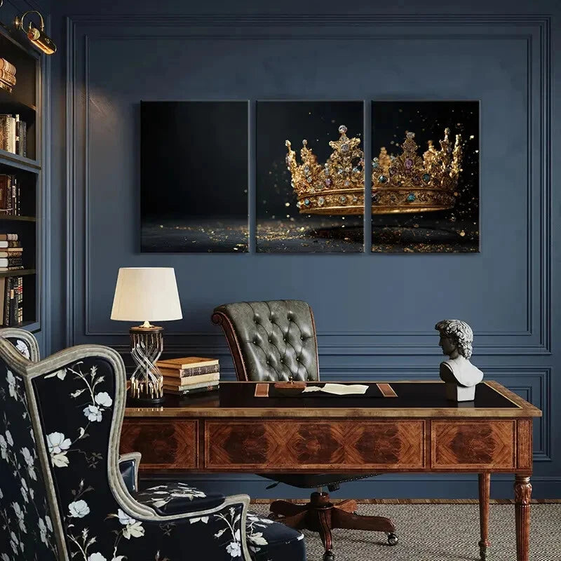 3pcs Golden Crown Royal Jewels Luxury Decor Metal Print Ready to Hang Art - Bella Home Decor