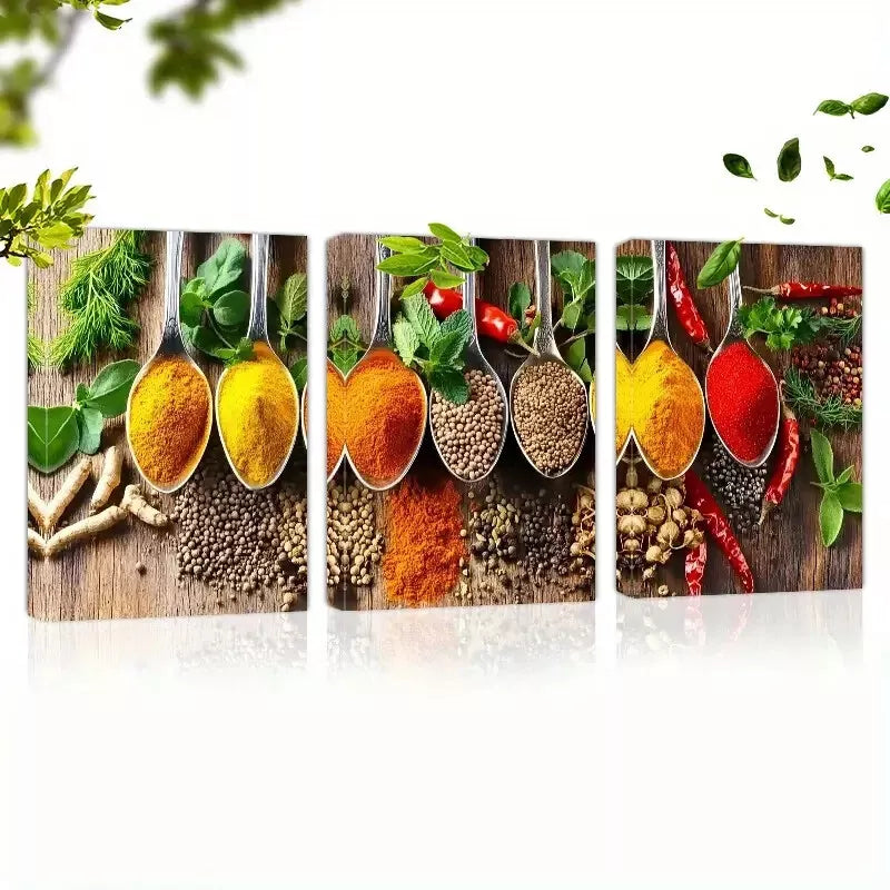 3pcs Fashion Kitchen Colorful Spices Spoons Art Set Canvas Framed 50x70cm - High Quality Print 100% Australian Made Wall Canvas Ready to Hang