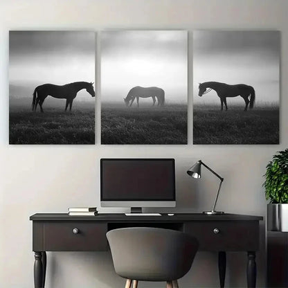 3pcs Minimal Equisterian Horse Monochrome Wall Art Set Canvas Framed 60x90cm - High Quality Print 100% Australian Made Wall Canvas Ready to Hang