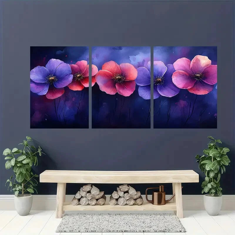 3pcs Vibrant Purple & Pink Floral Abstract Metal Print Ready to Hang Art - Bella Home Decor