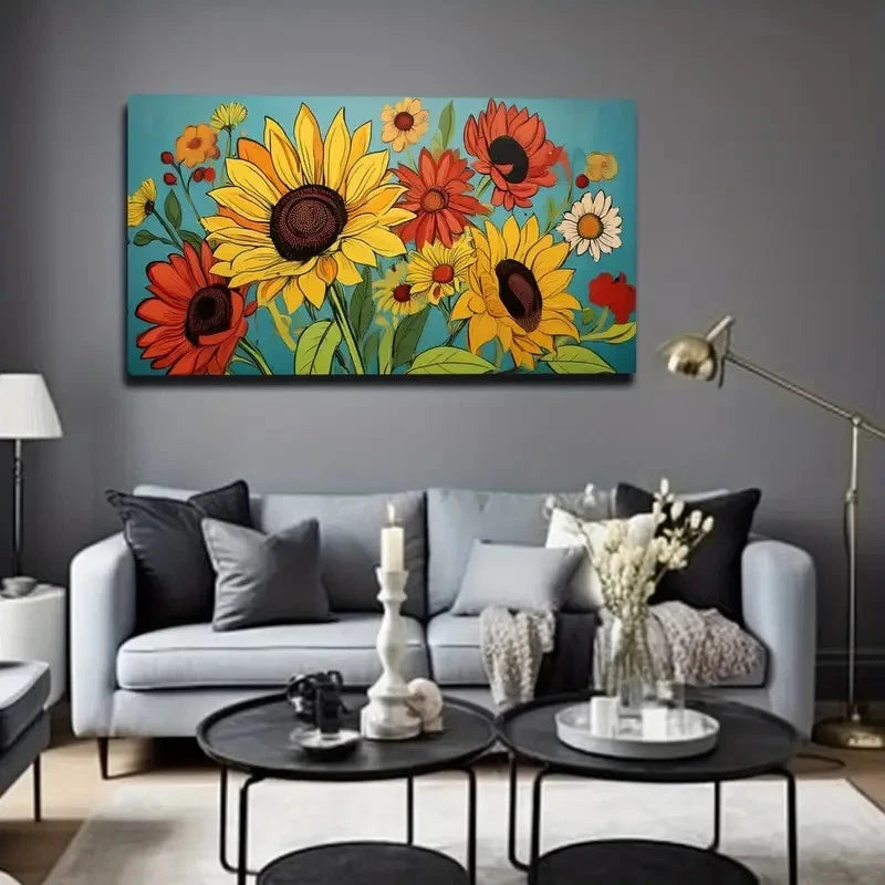 Sunflowers & Wildflowers Wall Art Canvas Office Home Room Framed 120x60cm