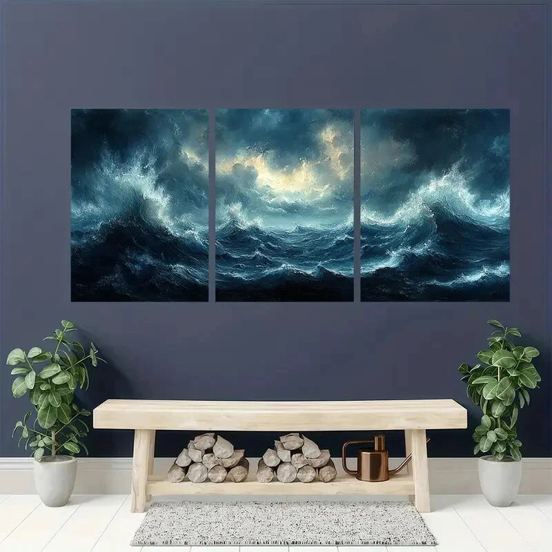 3pcs Moody Thunderstorm Seascape Atmosphere Metal Print Ready to Hang Art - Bella Home Decor