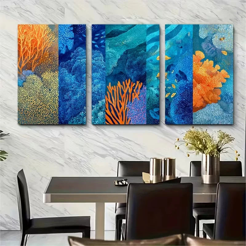 3pcs Continuous Ocean Aqua Metal Print Ready to Hang Art - Bella Home Decor