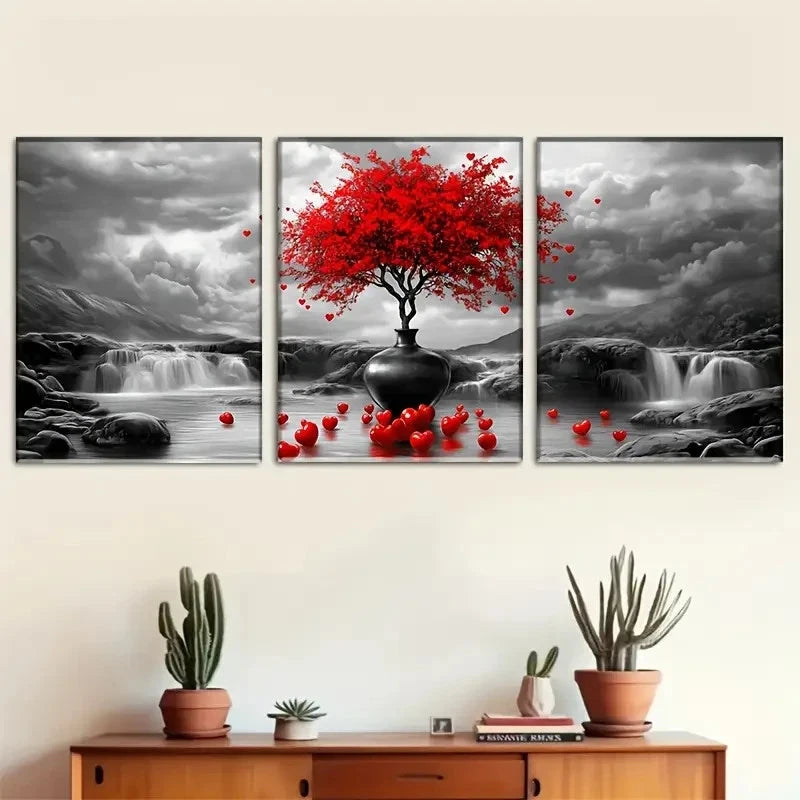 3pcs Vibrant Red Tree in Vase with Heart-Shaped Metal Print Ready to Hang Art