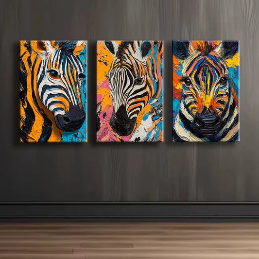 3pcs A vibrant zebra Illustration Wall Art Set Canvas Framed 60x90cm - High Quality Print 100% Australian Made Wall Canvas Ready to Hang
