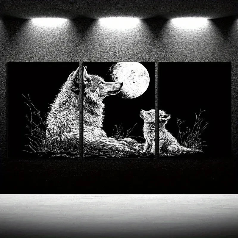 3pcs Wolf Under the Moon with Baby Illustration Metal Print Ready to Hang Art - Bella Home Decor