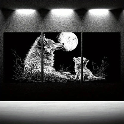 3pcs Wolf Under the Moon with Baby Illustration Metal Print Ready to Hang Art - Bella Home Decor