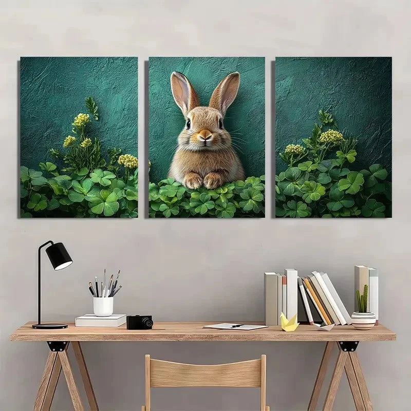 3pcs Bunny & Shamrock Green Clover and Rabbit Wall Art Set Canvas Framed 50x70cm - High Quality Print 100% Australian Made Wall Canvas Ready to Hang - Bella Home Decor