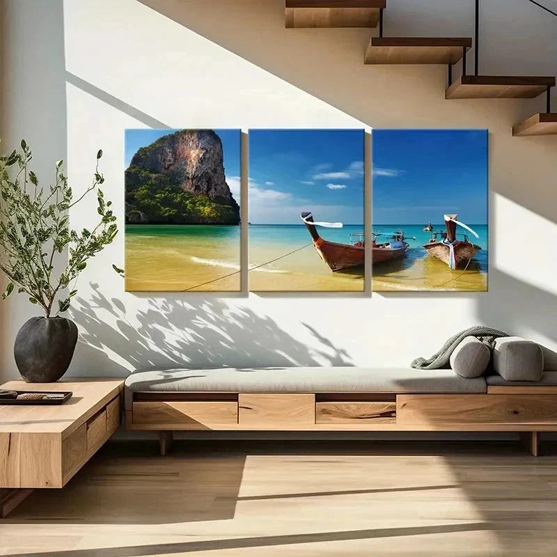 3pcs Natural Seaside Beach Island Boat Wall Art Set Canvas Framed 50x70cm - High Quality Print 100% Australian Made Wall Canvas Ready to Hang