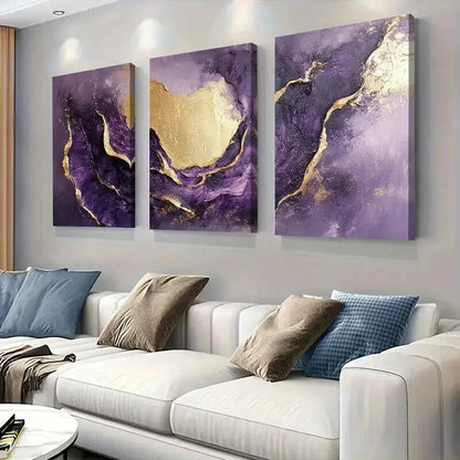3pcs Purple and Golden Abstract Fluid Wall Art Set Canvas Framed 60x90cm - High Quality Print 100% Australian Made Wall Canvas Ready to Hang