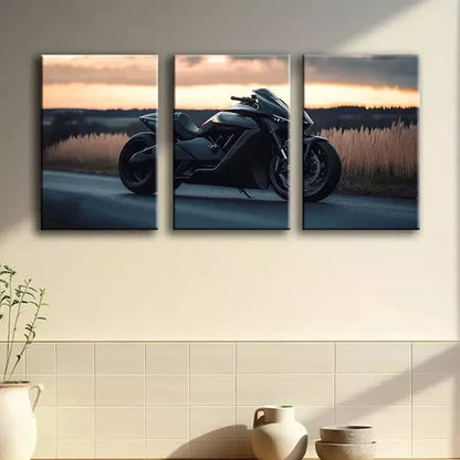3pcs Sleek Black Motorcycle Wall Art Canvas Unframed - High Quality Print 100% Australian Made Wall Canvas