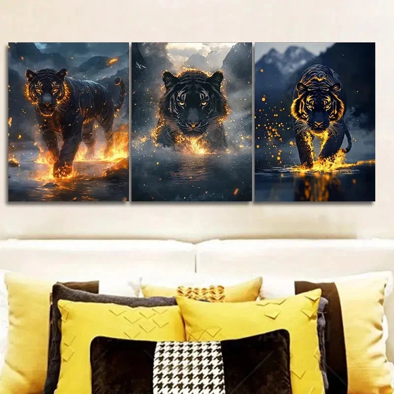 3pcs Featuring a Black Tiger with Golden Eyes Metal Print Ready to Hang Art - Bella Home Decor