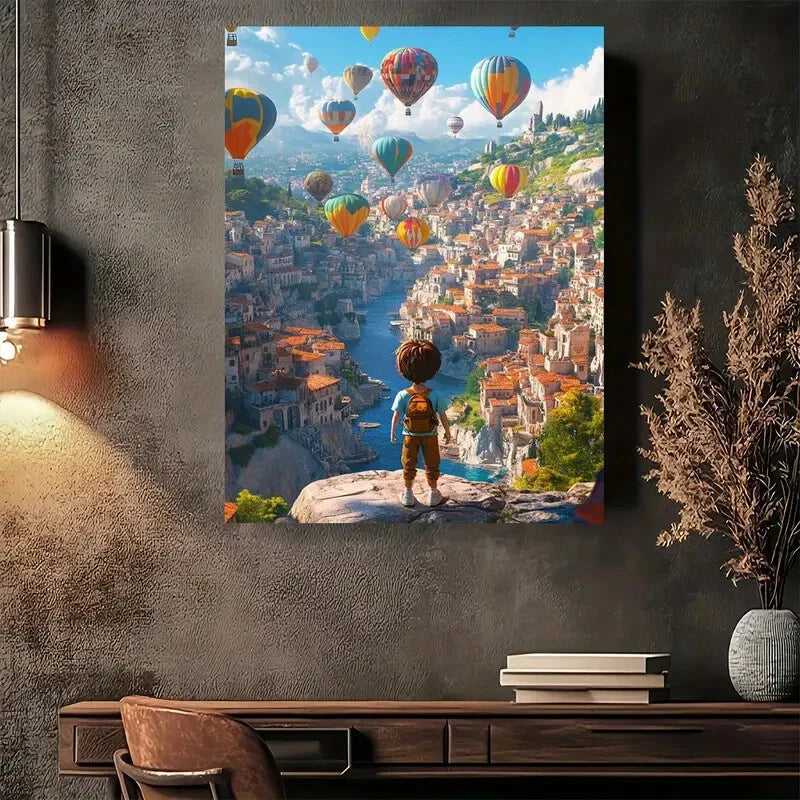 Beautiful Vibrant Hot Air Balloons Over Citys Painting 40x60cm Metal Print Ready to Hang - Bella Home Decor
