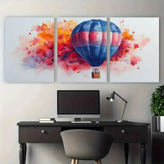3pcs Hot Air Balloon with Blooming Flowers Berries Metal Print Ready to Hang Art